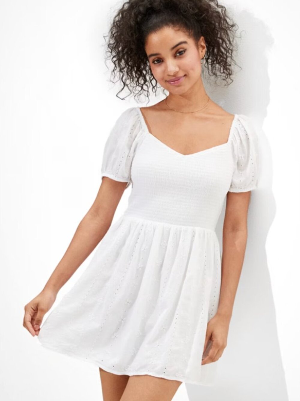 AE Solid Eyelet Puff-Sleeve Mini Dress